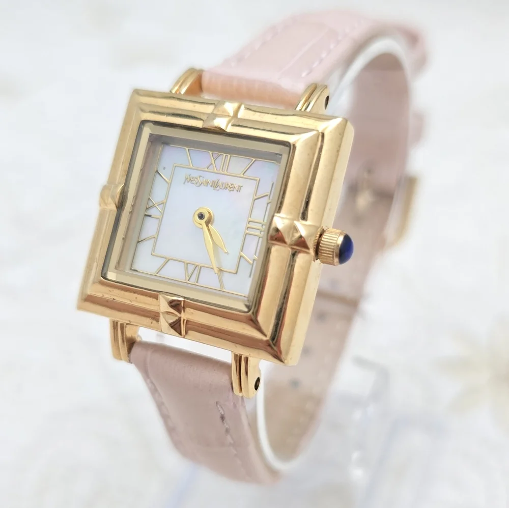 YSL Yves Saint Laurent Tank Watch 23mm Case Art Deco Mother of Pearl Pink Strap - Picture 9 of 11